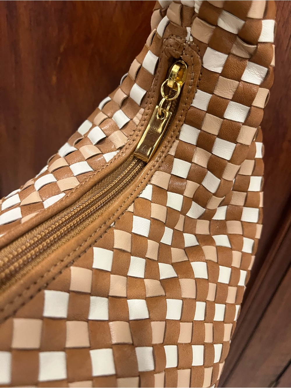 Woven Hobo Shoulder Bag in Tan and Cream - Picture 6 of 12